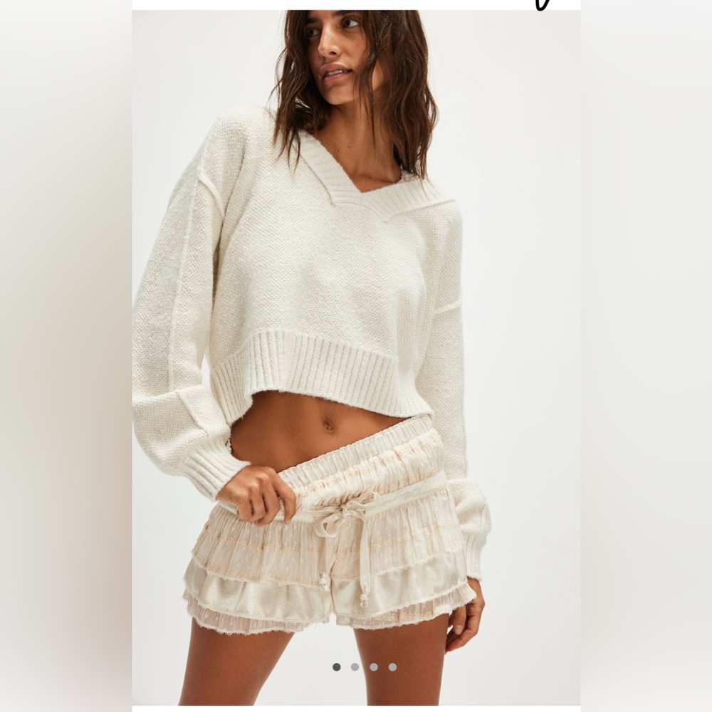 Free People Cream V-Neck Shorts with Relaxed Fit
